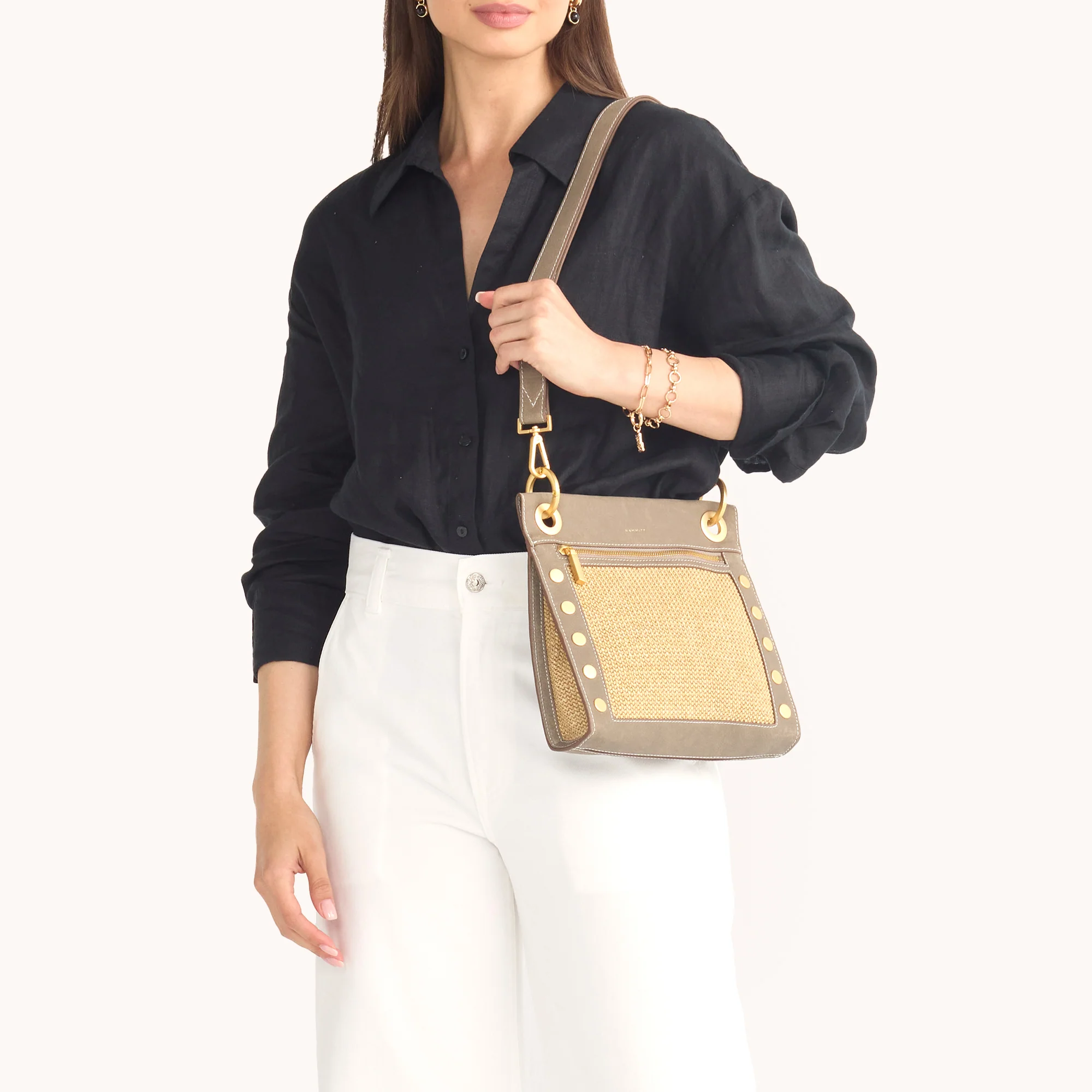 Hammitt Medium Tony Crossbody Bag, Pewter Raffia and Brushed Yellow Gold Hardware