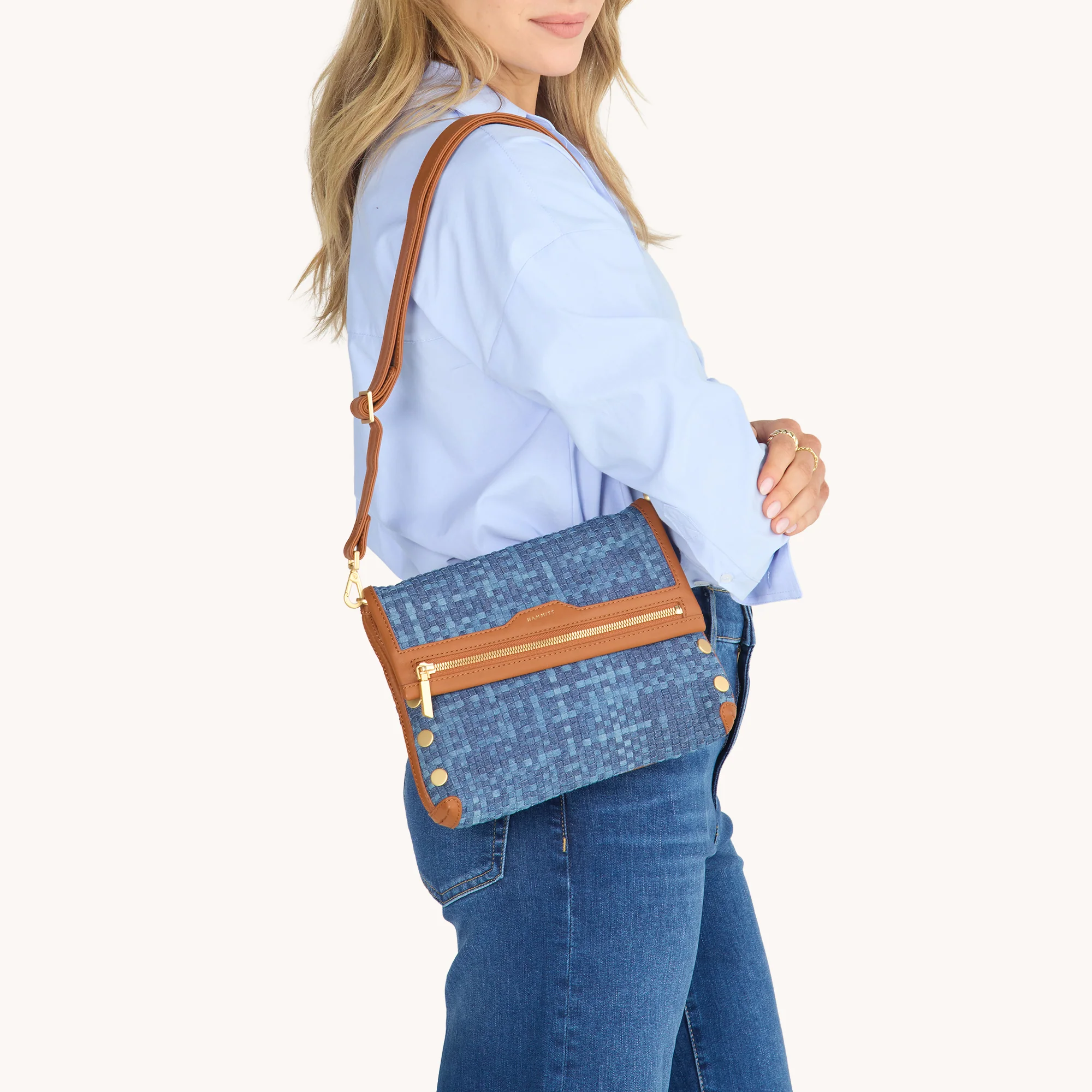 Hammitt VIP Medium Crossbody, Mosaic Denim and Brushed Gold Hardware