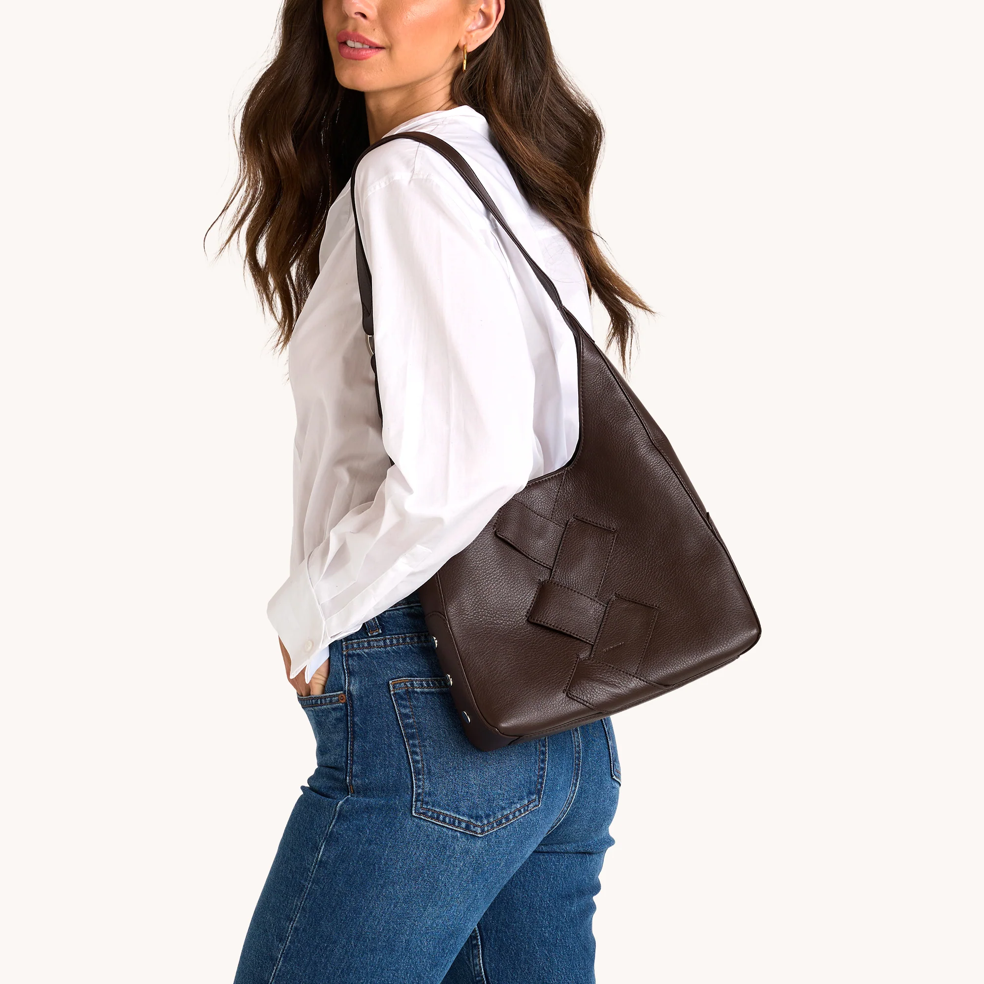 Hammitt Tim Medium Shoulder Bag, Espresso Pebble Weave and Silver Hardware