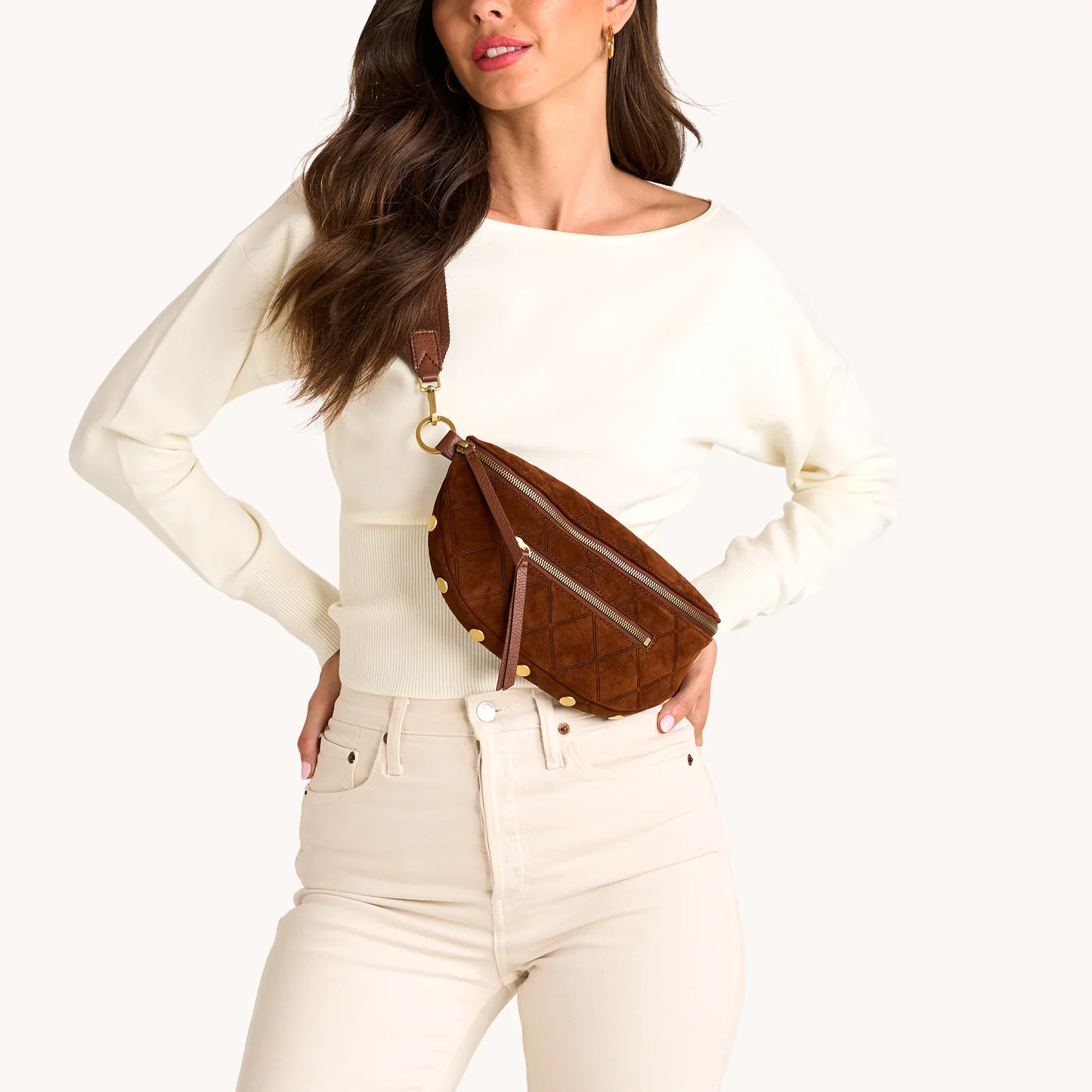 Hammitt Charlies Medium Crossbody, Chocolate Diamond Suede and Antique Yellow Gold Hardware