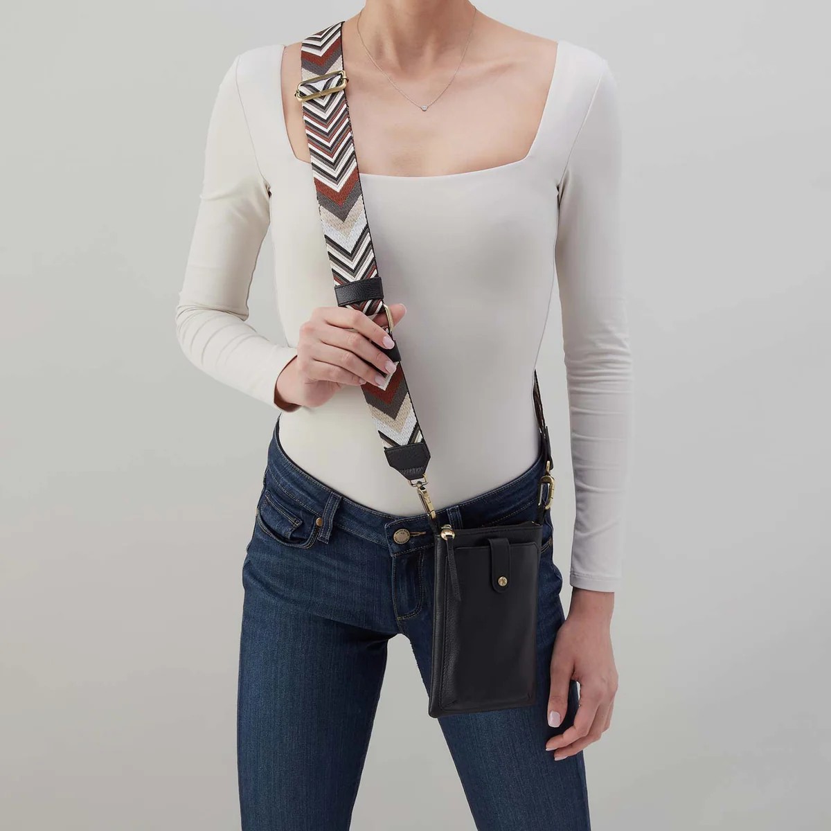 HOBO Cass Phone Crossbody Bag, Black Pebbled Leather