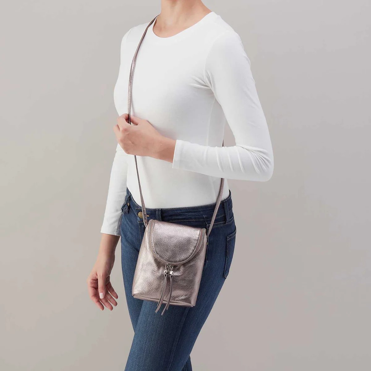 HOBO Fern Crossbody Bag, Pewter Spur Metallic Leather