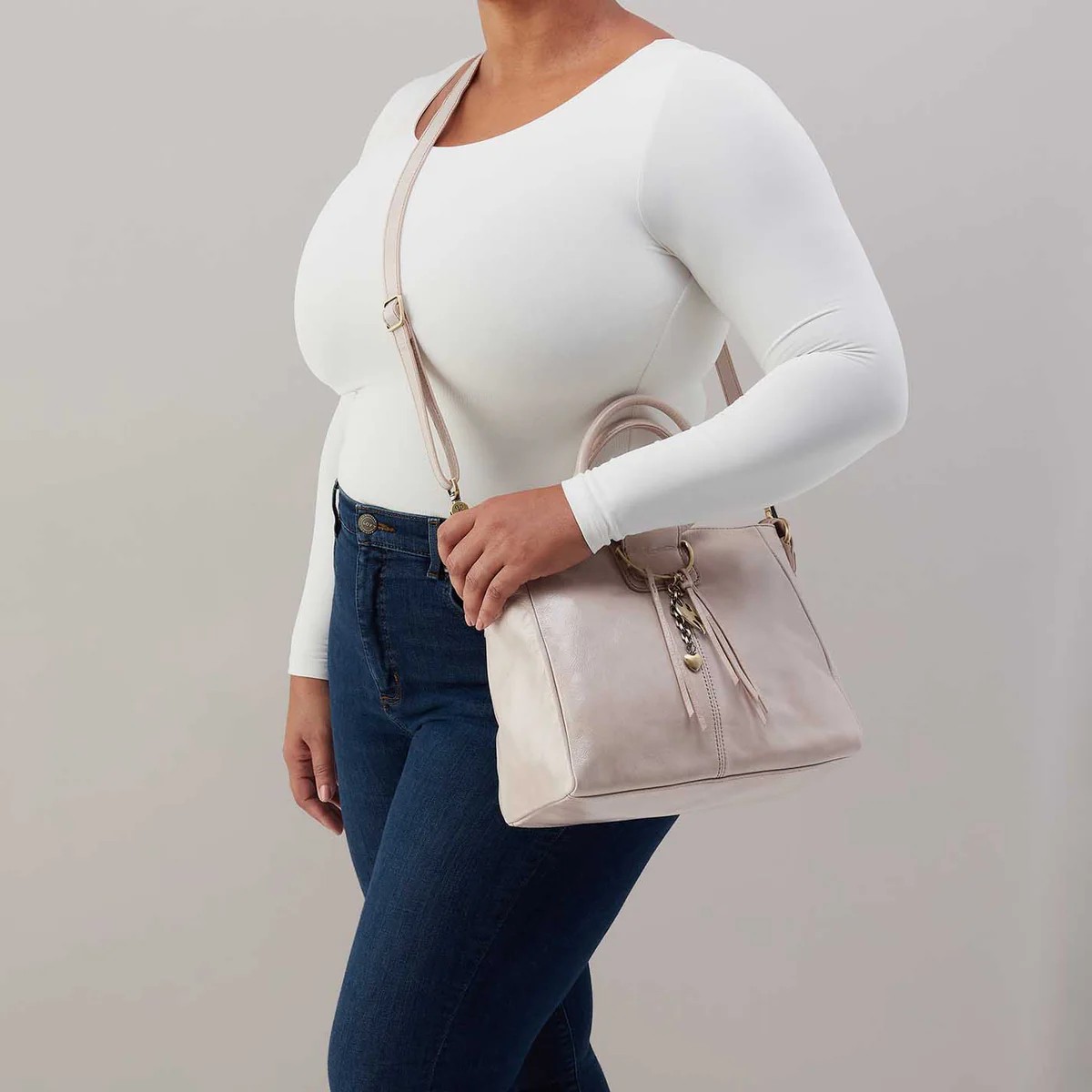 HOBO Sheila Medium Satchel Top Handle Handbag, Stone Gloss Aniline Glass Leather