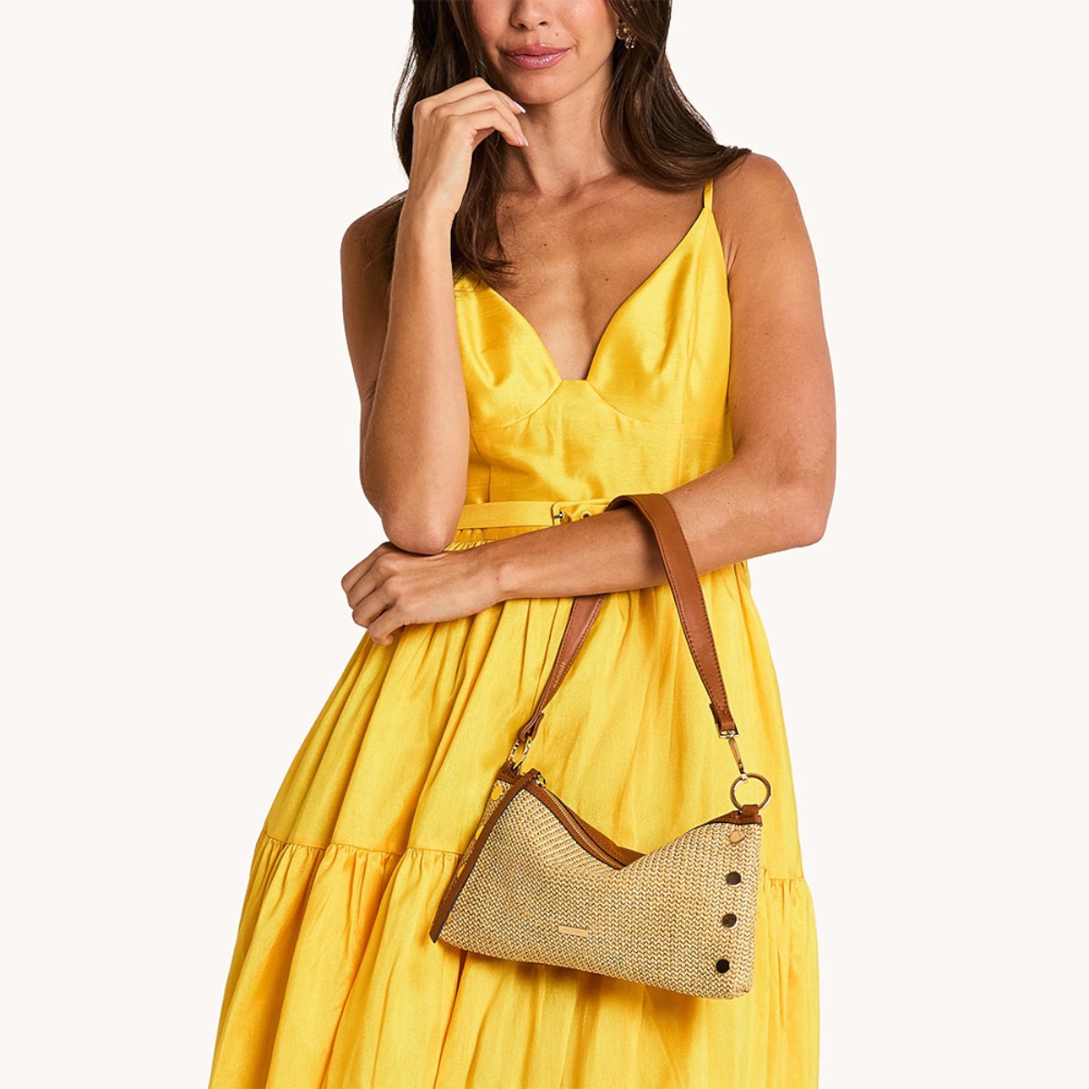Hammitt Kyle Small Shoulder Bag, Cocoa Raffia and Yellow Gold Tone Hardware