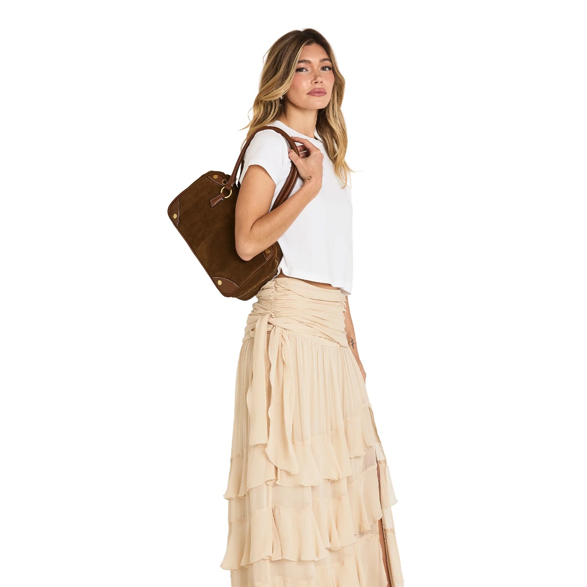 Hammitt Meredith Medium Shoulder Bag, Cinnamon Suede and Antique Yellow Gold Hardware