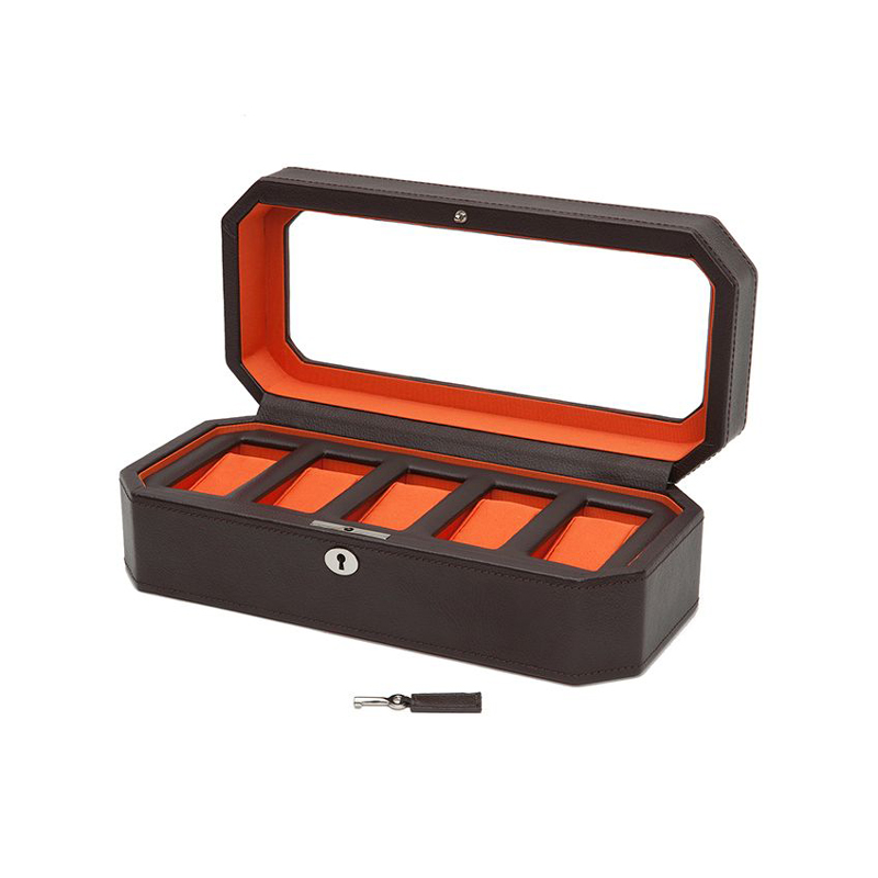 WOLF Windsor 5 Piece Watch Box, Brown & Orange
