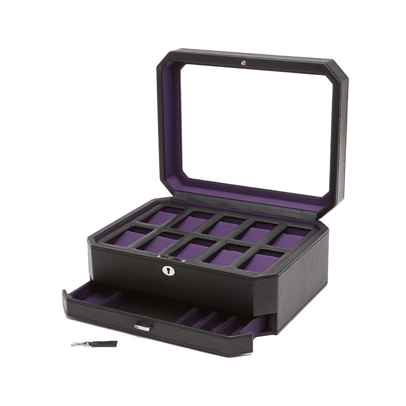 WOLF Windsor 10 Piece Watch Box with Drawer, Black & Purple