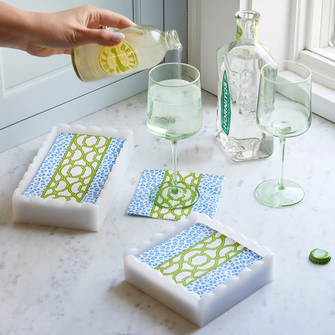 Mariposa Knots and Spots White Scalloped Cocktail Napkin Box Set