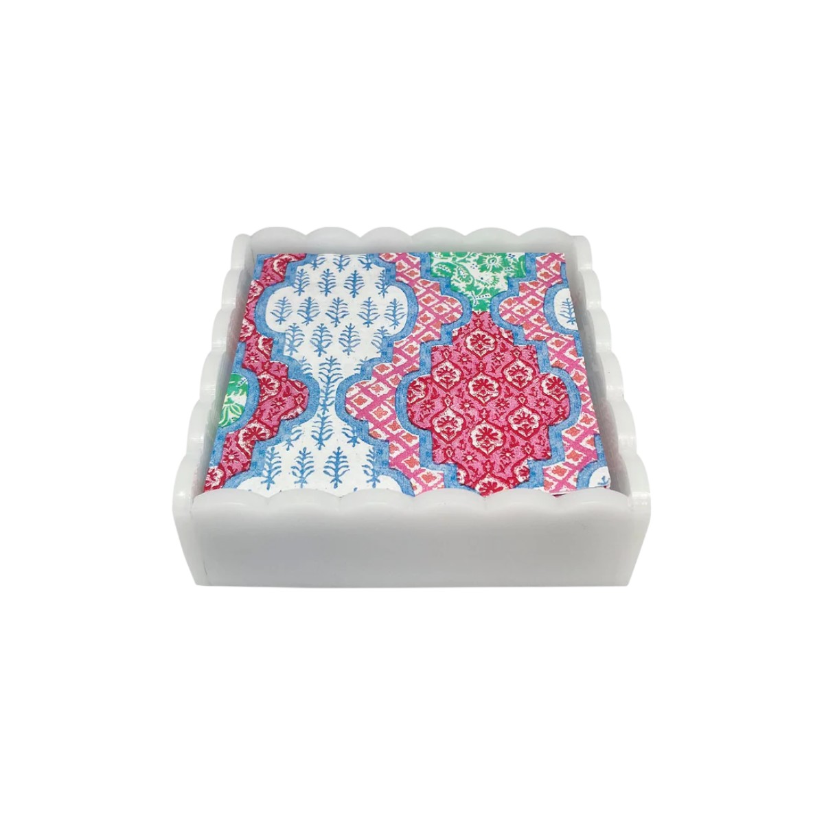 Mariposa Provencal Cotton Pink White Scalloped Cocktail Napkin Box Set