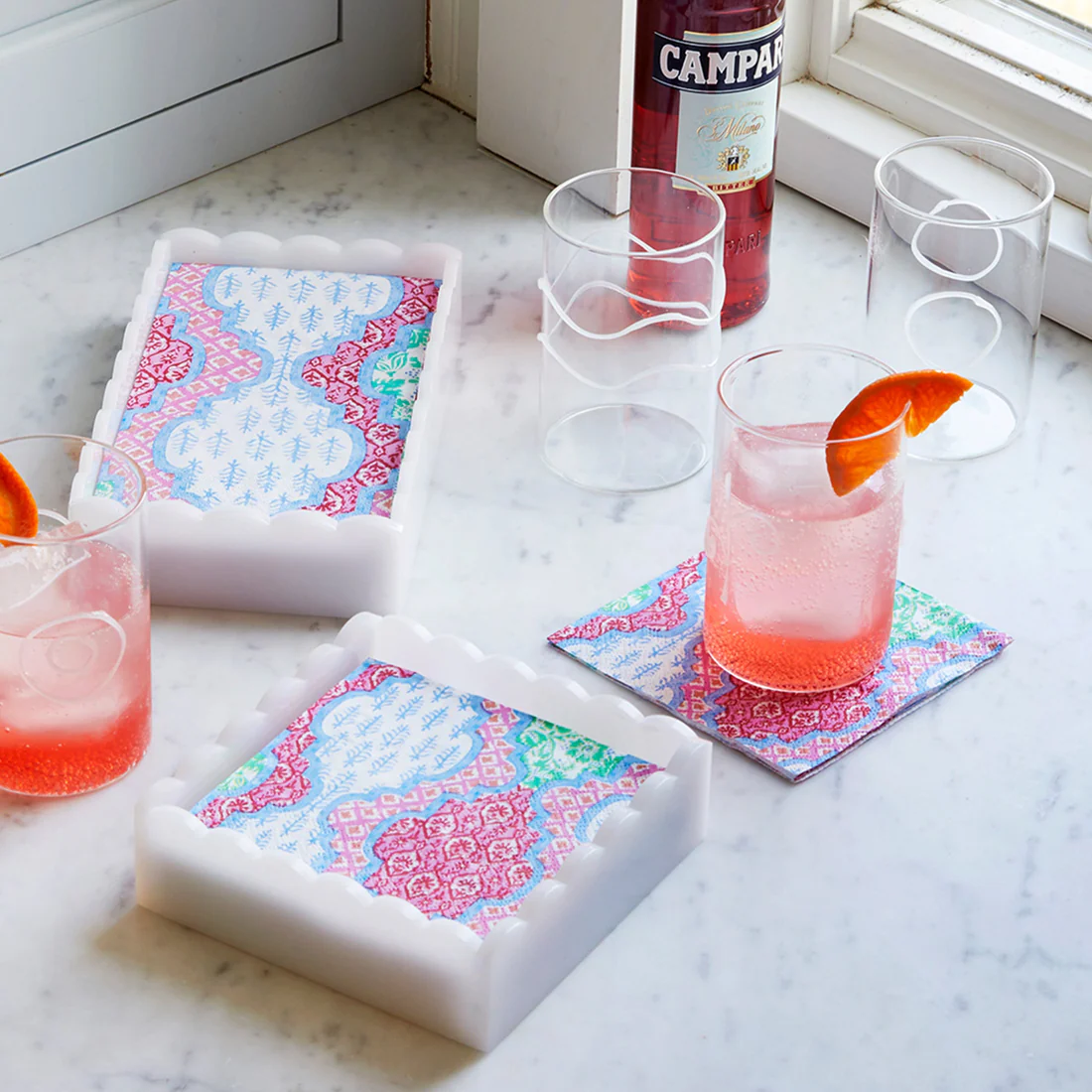 Mariposa Provencal Cotton Pink White Scalloped Cocktail Napkin Box Set