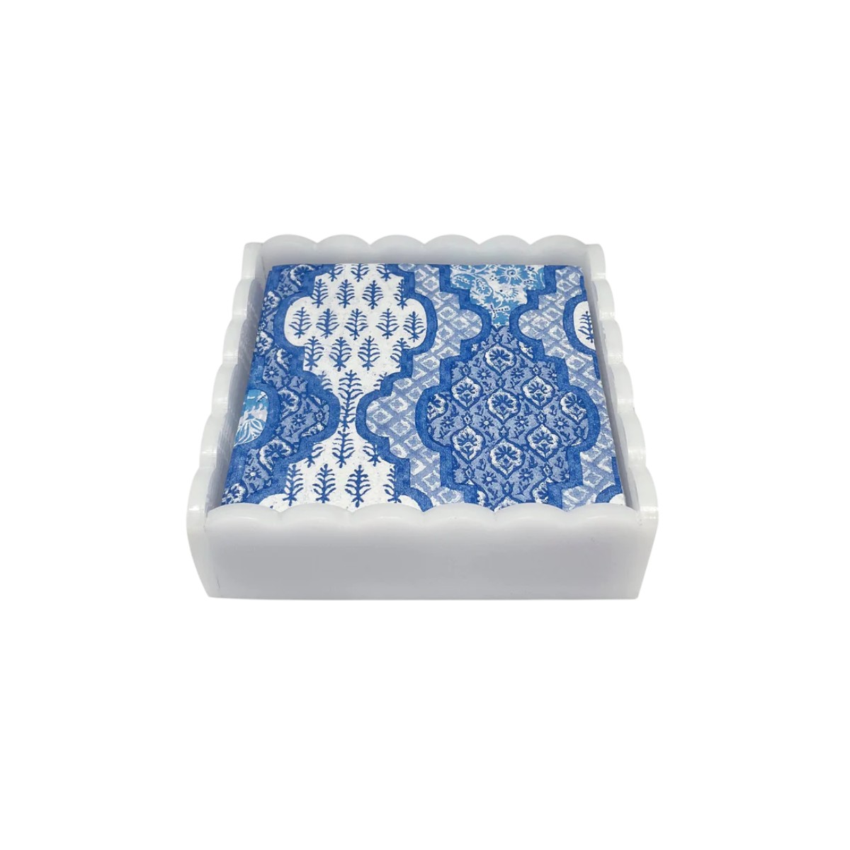 Mariposa Provencal Cotton Blue White Scalloped Cocktail Napkin Box Set