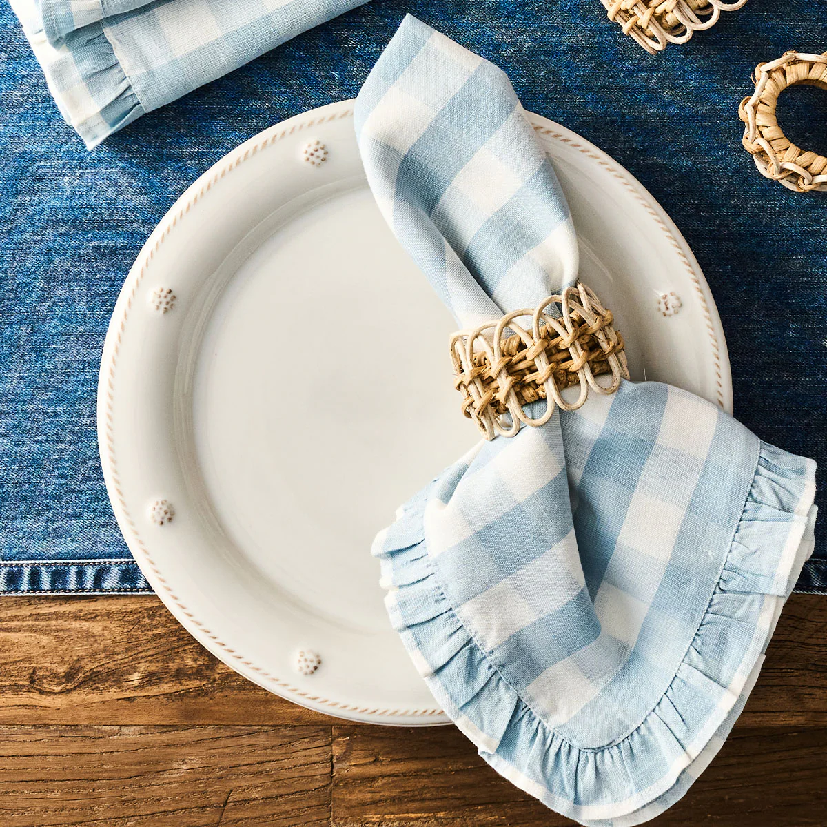 Juliska Gingham Ruffle Set of 4 Napkins, Ocean