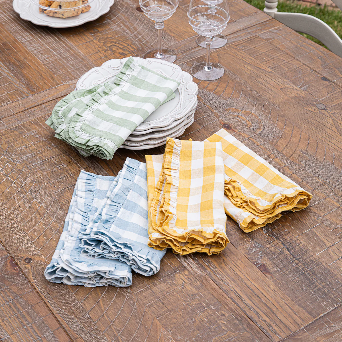 Juliska Gingham Ruffle Set of 4 Napkins, Sunshine