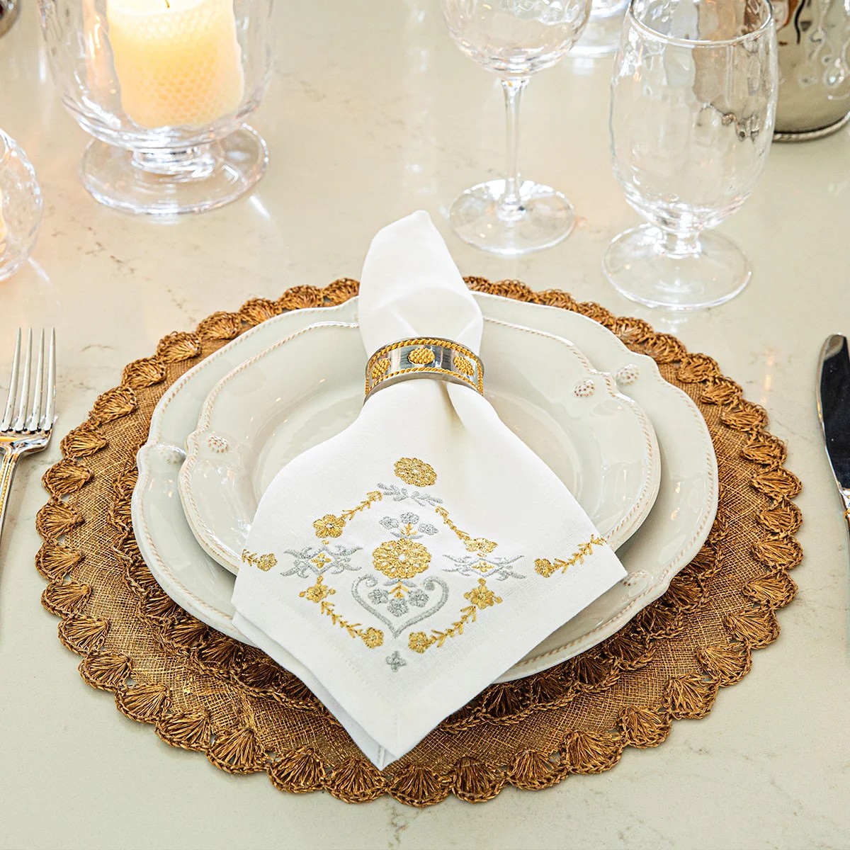 Juliska Heidi Embroidered Napkins, Set of 4 in Gold and Silver