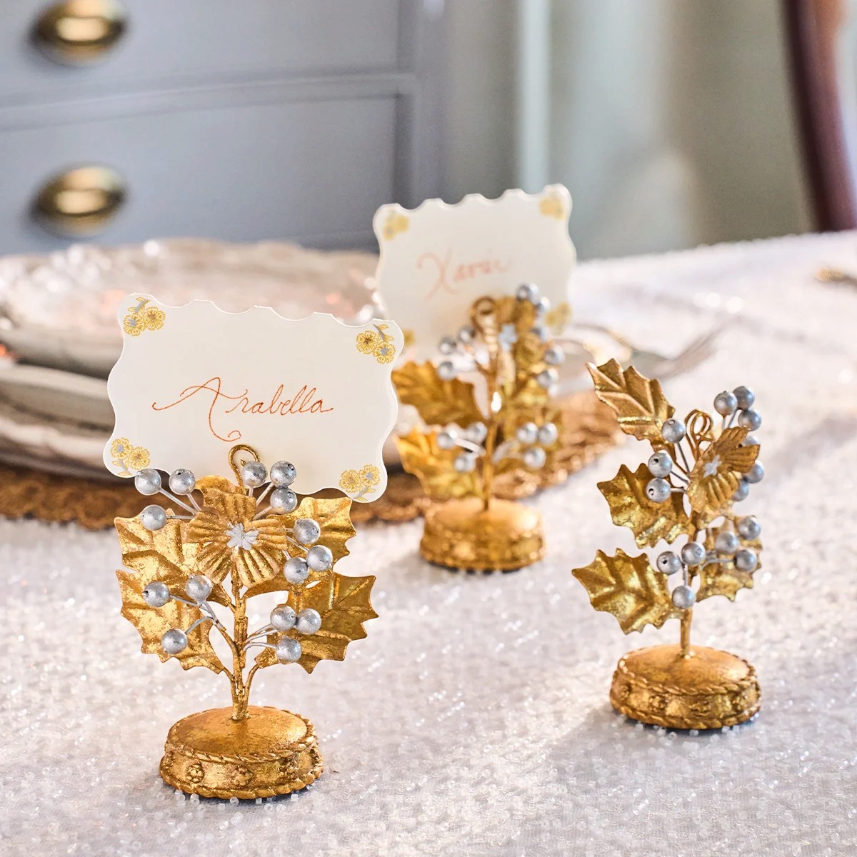 Juliska Forest Walk Holly Place Card Holder, Gold and Silver