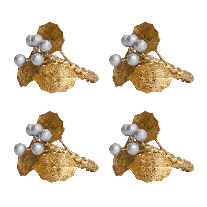 Juliska Forest Walk Holly with Berries Set of 4 Napkin Rings, Gold and Silver