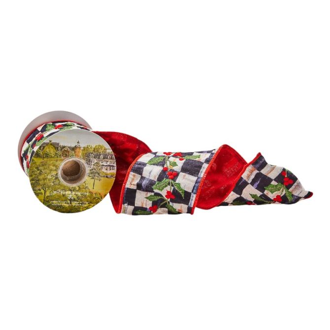 MacKenzie-Childs Cozy Christmas Holly Embroidered Ribbon, 4"