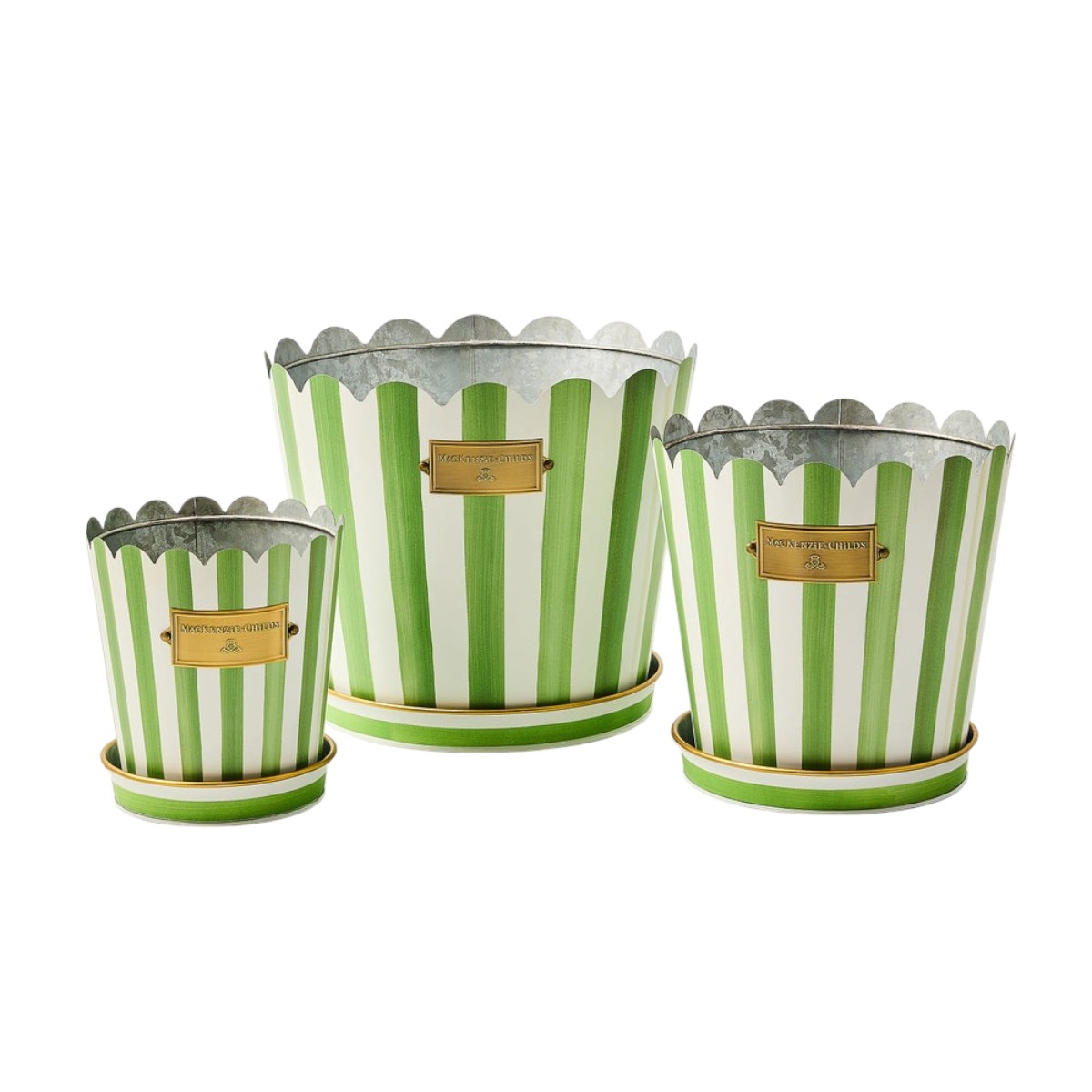 MacKenzie-Childs Grass Green Stripe Pots and Saucers, Set of 3