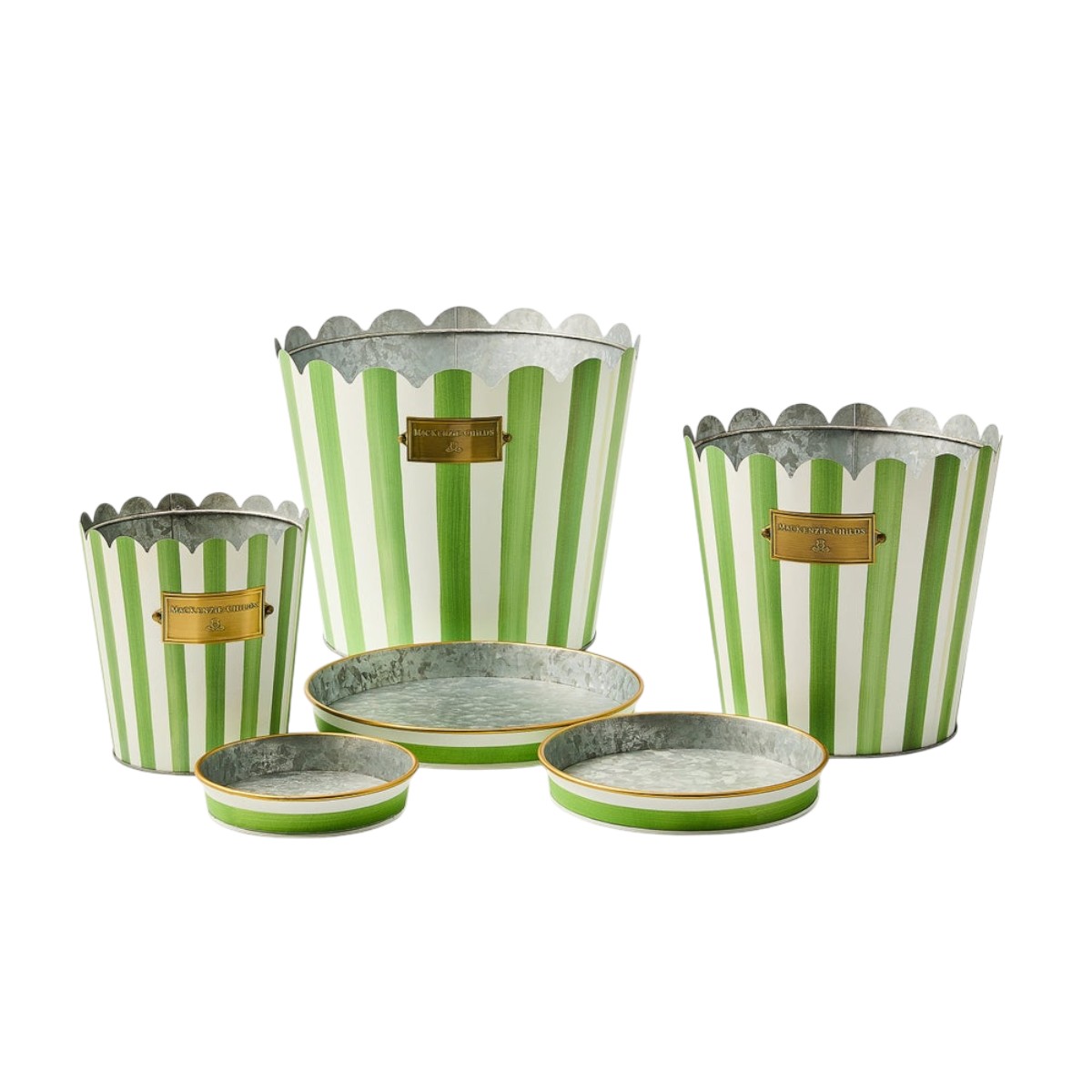 MacKenzie-Childs Grass Green Stripe Pots and Saucers, Set of 3