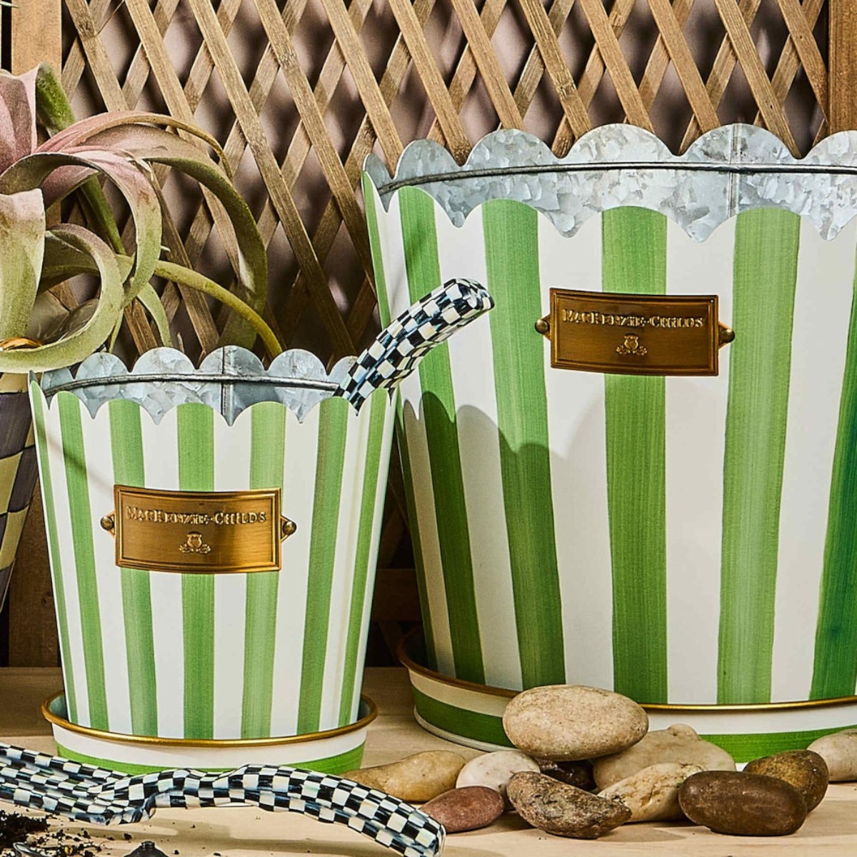 MacKenzie-Childs Grass Green Stripe Pots and Saucers, Set of 3