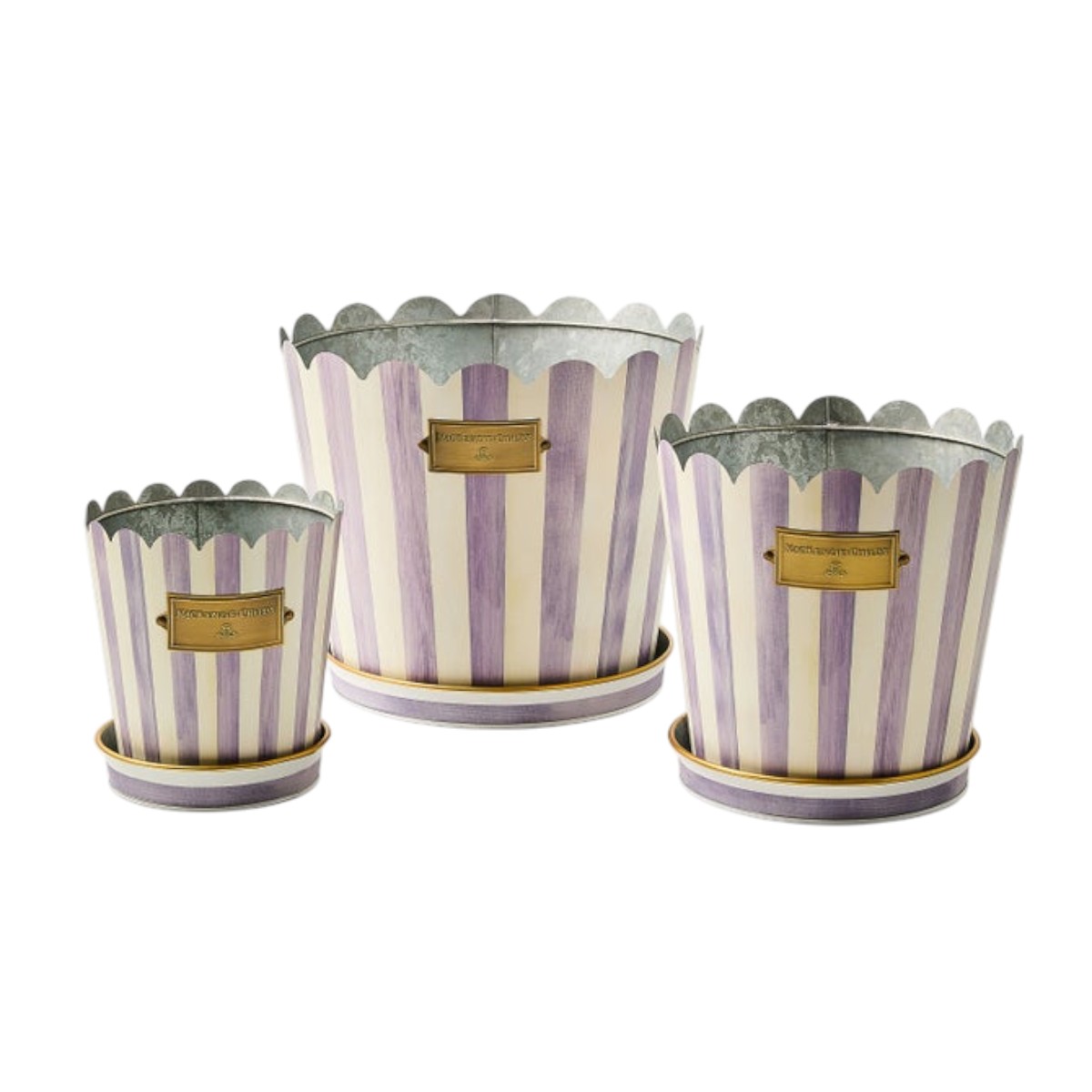 MacKenzie-Childs Violet Stripe Pots and Saucers, Set of 3