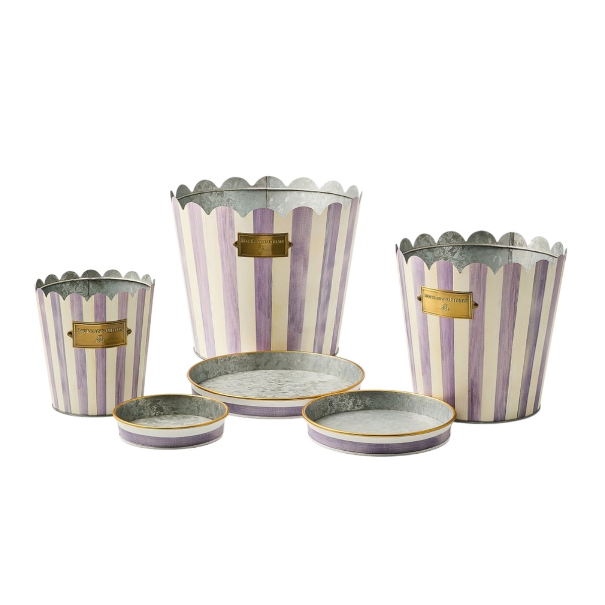 MacKenzie-Childs Violet Stripe Pots and Saucers, Set of 3
