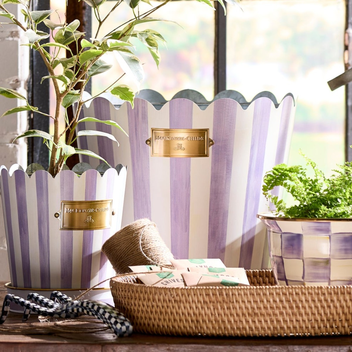MacKenzie-Childs Violet Stripe Pots and Saucers, Set of 3