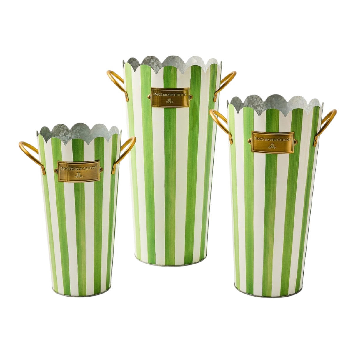 MacKenzie-Childs Grass Green Stripe Flower Buckets, Set of 3