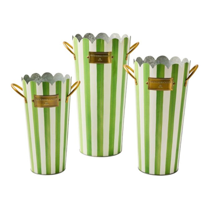 MacKenzie-Childs Grass Green Stripe Flower Buckets, Set of 3