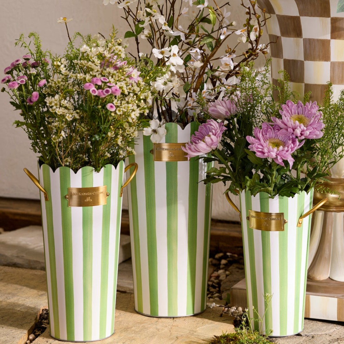 MacKenzie-Childs Grass Green Stripe Flower Buckets, Set of 3