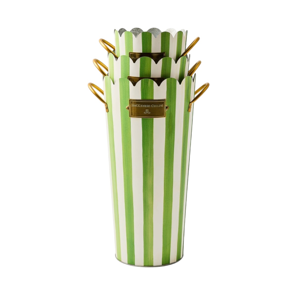 MacKenzie-Childs Grass Green Stripe Flower Buckets, Set of 3