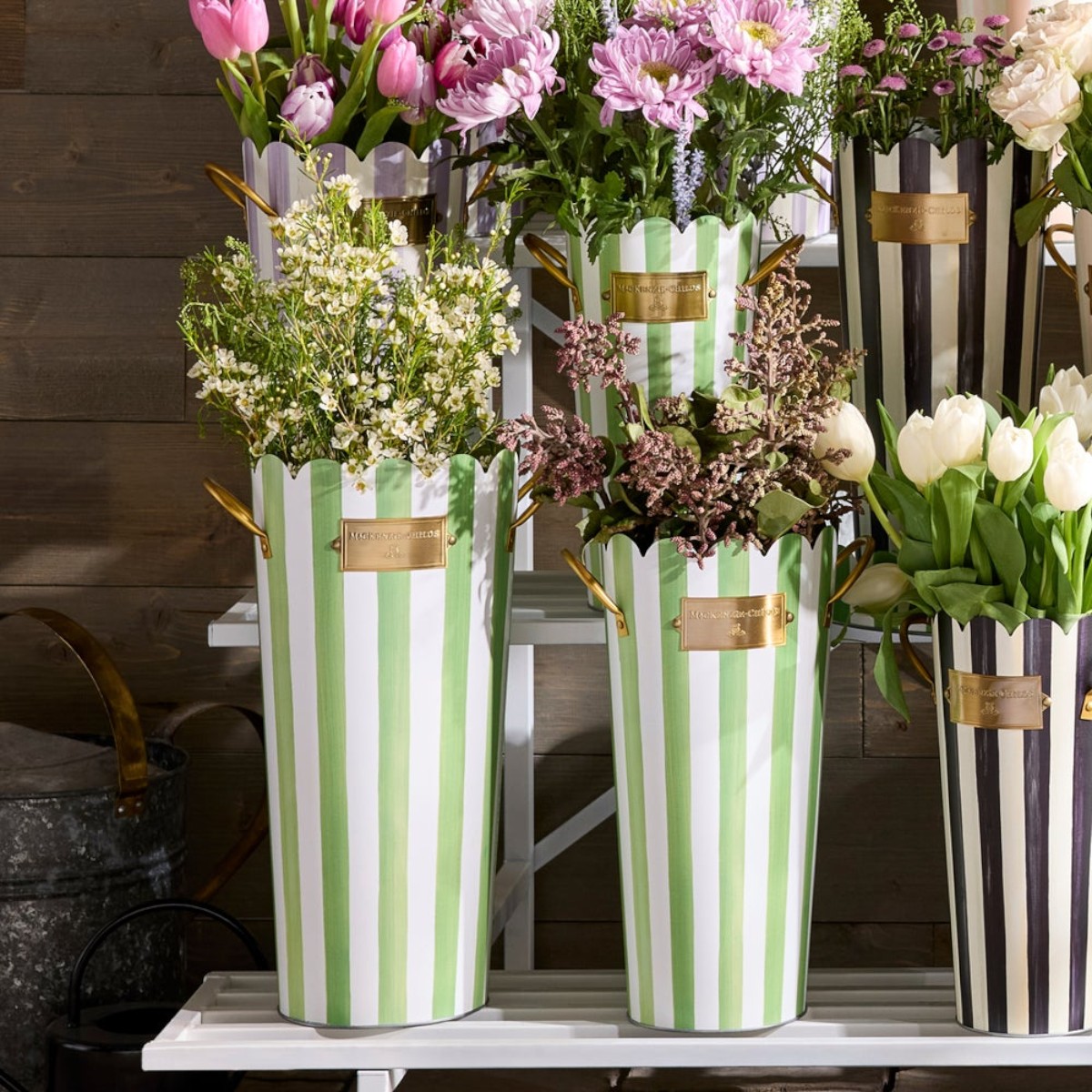 MacKenzie-Childs Grass Green Stripe Flower Buckets, Set of 3