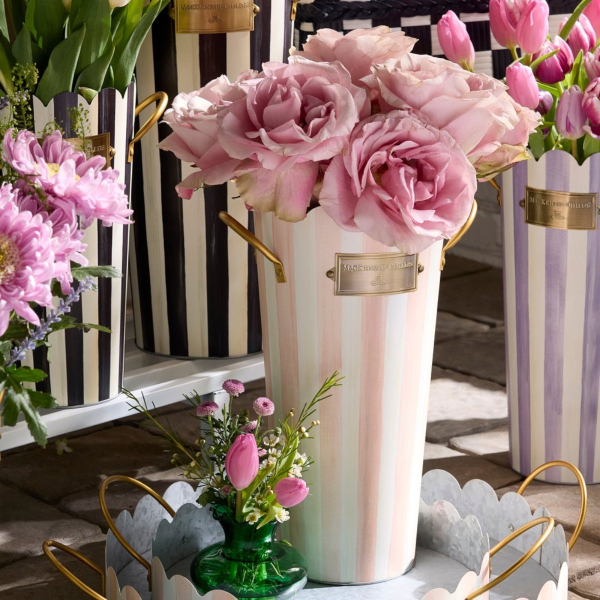 MacKenzie-Childs Rosy Stripe Flower Buckets, Set of 3