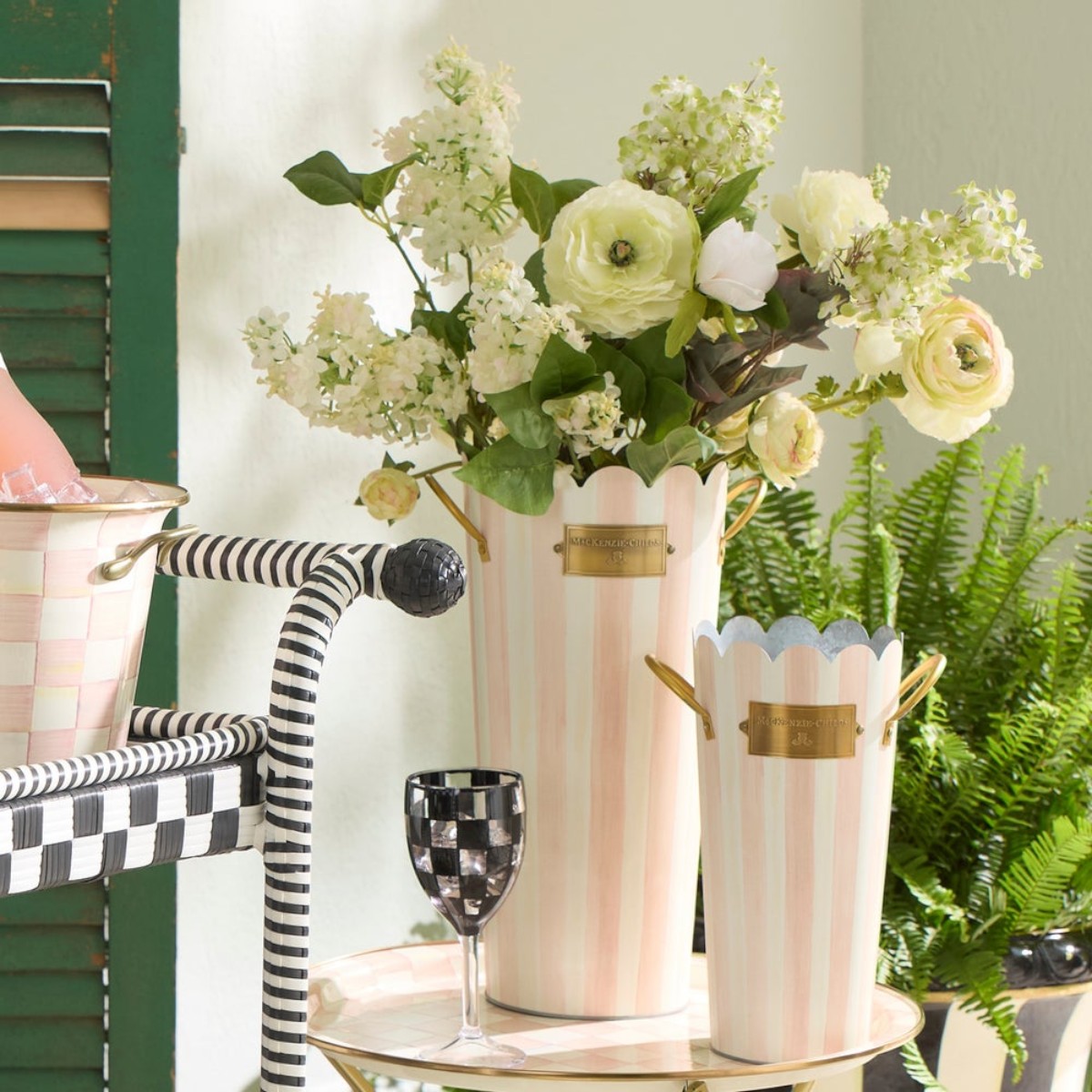 MacKenzie-Childs Rosy Stripe Flower Buckets, Set of 3