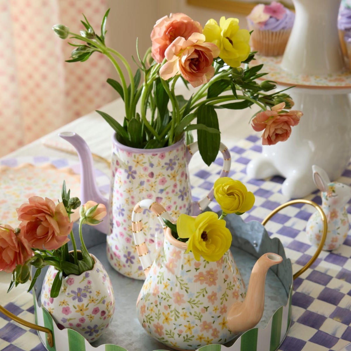 MacKenzie-Childs Set of 2 Ceramic Teapot Vases, Posie Patch
