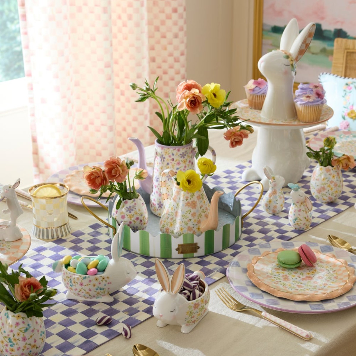 MacKenzie-Childs Set of 2 Ceramic Teapot Vases, Posie Patch