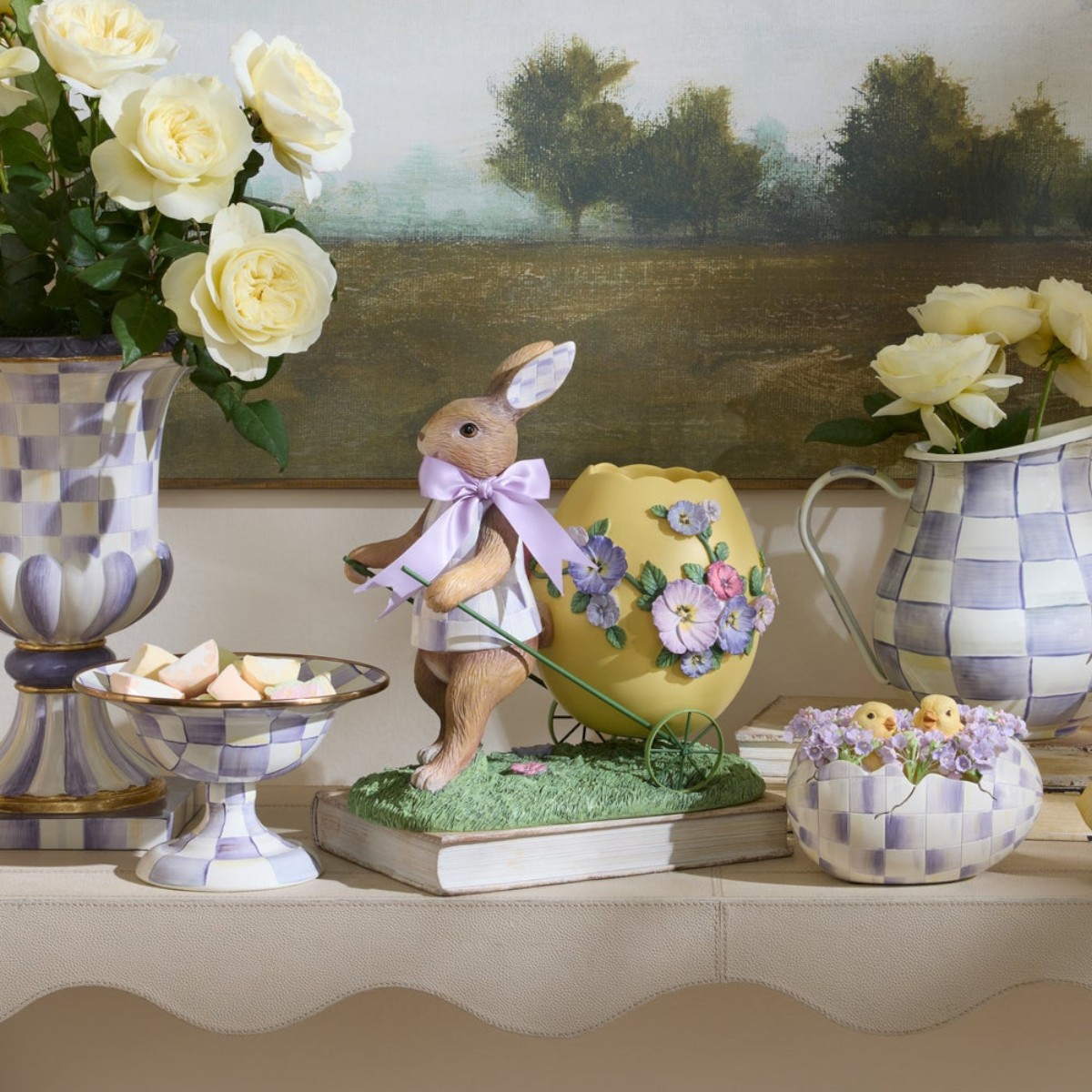 MacKenzie-Childs Pansy Party Bunny And Cart Centerpiece