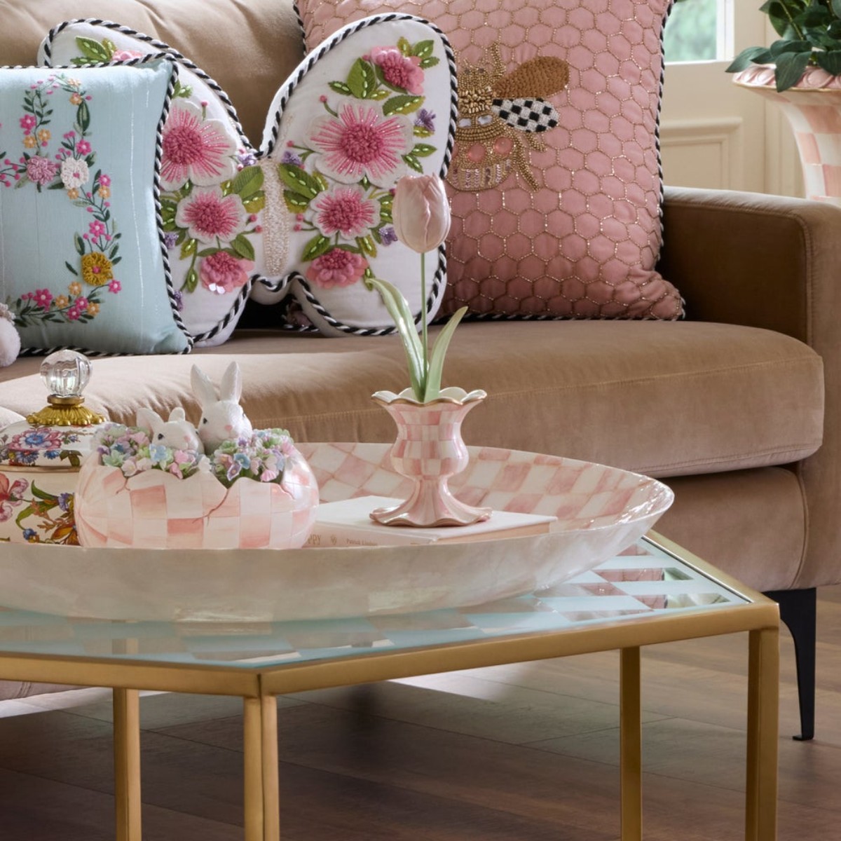 MacKenzie-Childs Rosy Check Garden Tulip In Vase