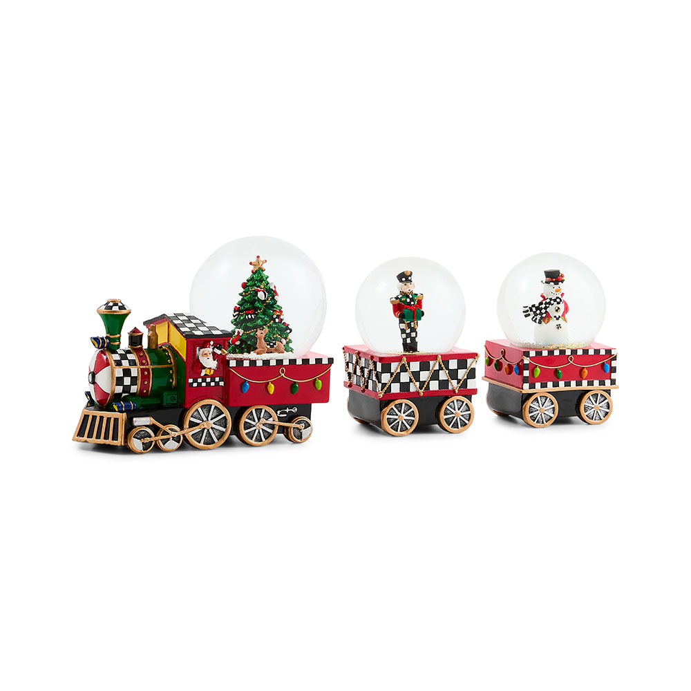 MacKenzie-Childs Holiday Train Snow Globes, Set of 3