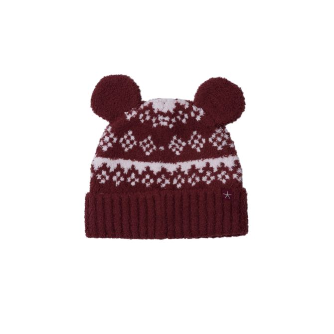 Barefoot Dreams CozyChic Unisex Disney Mickey Fair Isle Beanie, Crimson and Cream