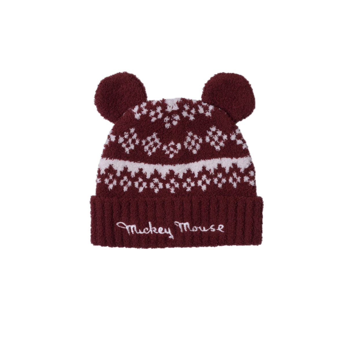 Barefoot Dreams CozyChic Unisex Disney Mickey Fair Isle Beanie, Crimson and Cream
