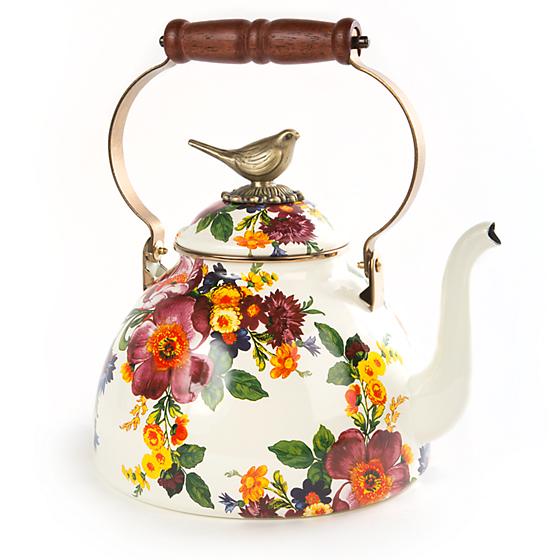 MacKenzieChilds Flower Market Tea Kettle with Bird, 3 qt 8923695B Borsheims