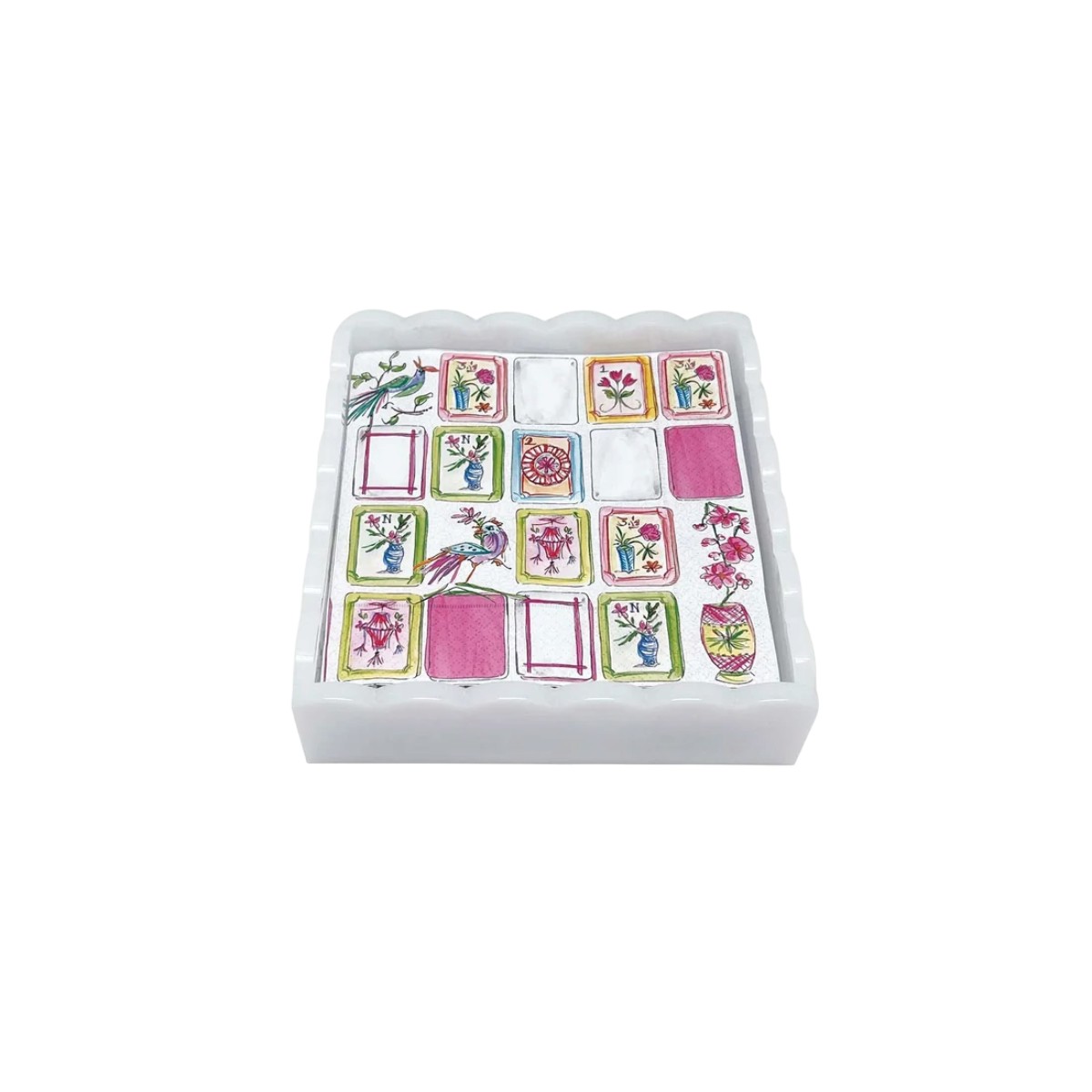 Mariposa Mahjong White Scalloped Cocktail Napkin Box Set