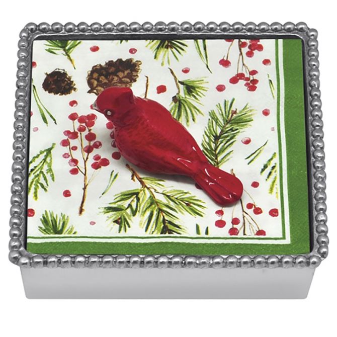 Mariposa Beaded Napkin Box with Red Cardinal Weight & Napkins