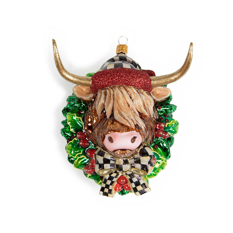 MacKenzie-Childs Glass Ornament, Highland Cow Wreath