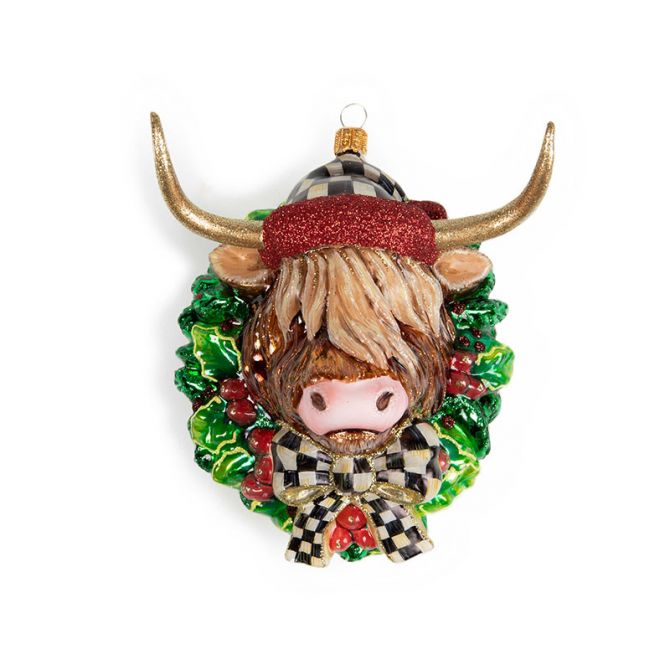 MacKenzie-Childs Glass Ornament, Highland Cow Wreath