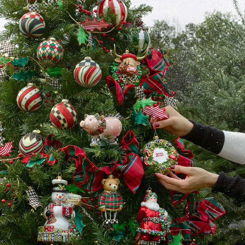 MacKenzie-Childs Glass Ornament, Highland Cow Wreath