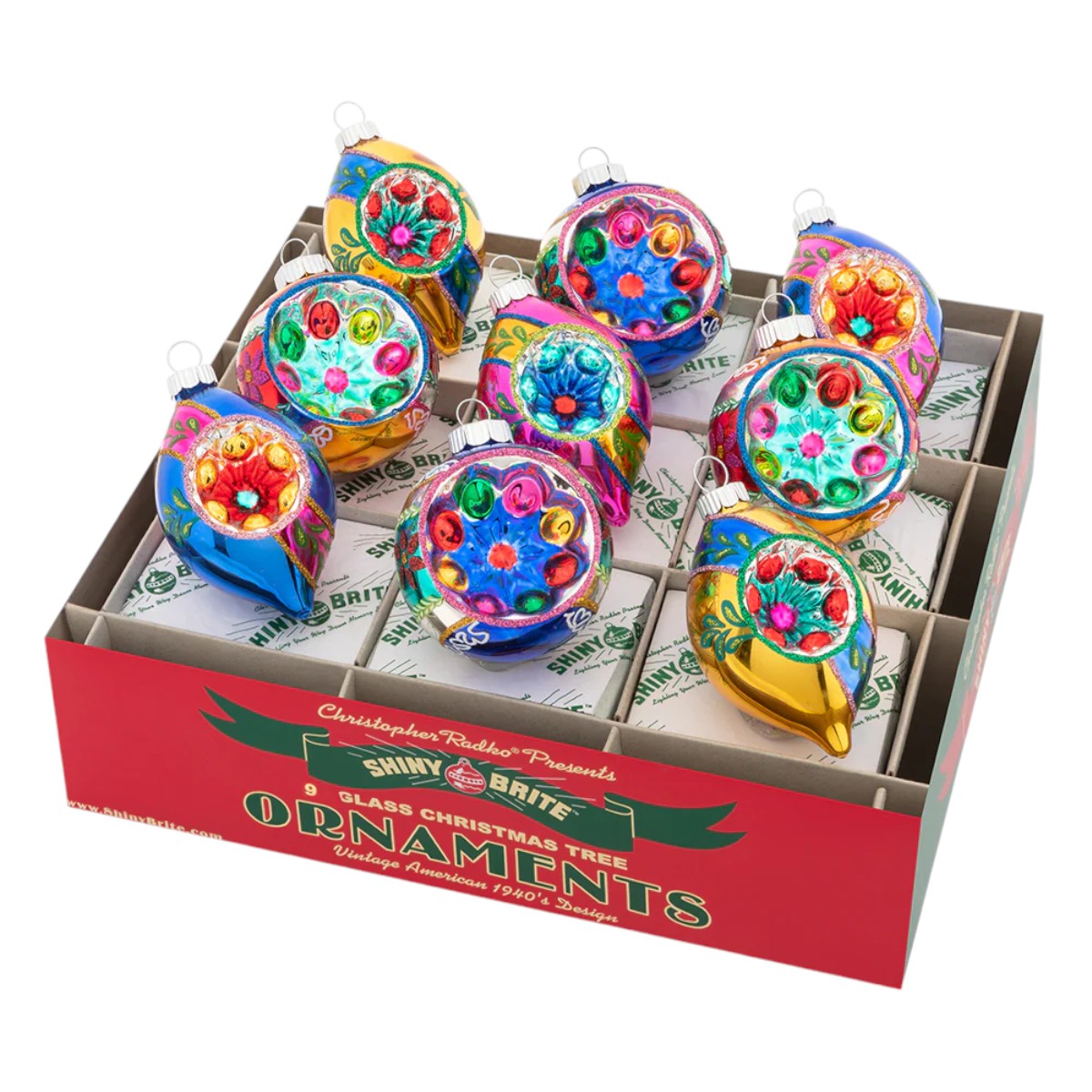 Christopher Radko Christmas Confetti Decorated Rounds and Reflector Tulip Ornaments, Set of 9