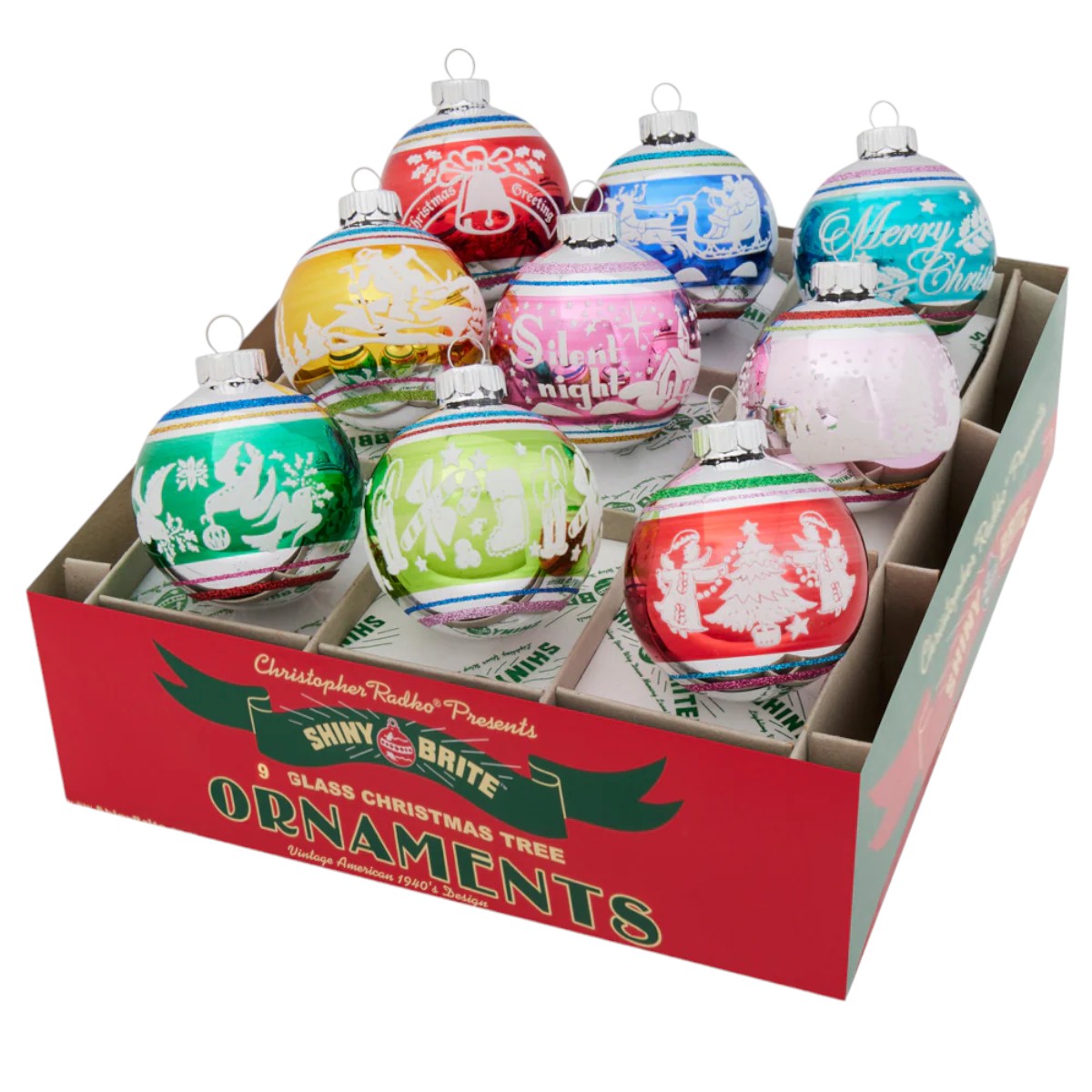 Christopher Radko Christmas Confetti Signature Flocked Round Ornaments, Set of 9