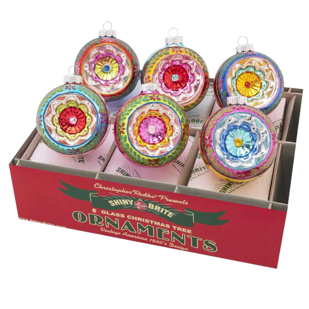 Christopher Radko Christmas Confetti Decorated Reflector Rounds Ornaments, 6 Count